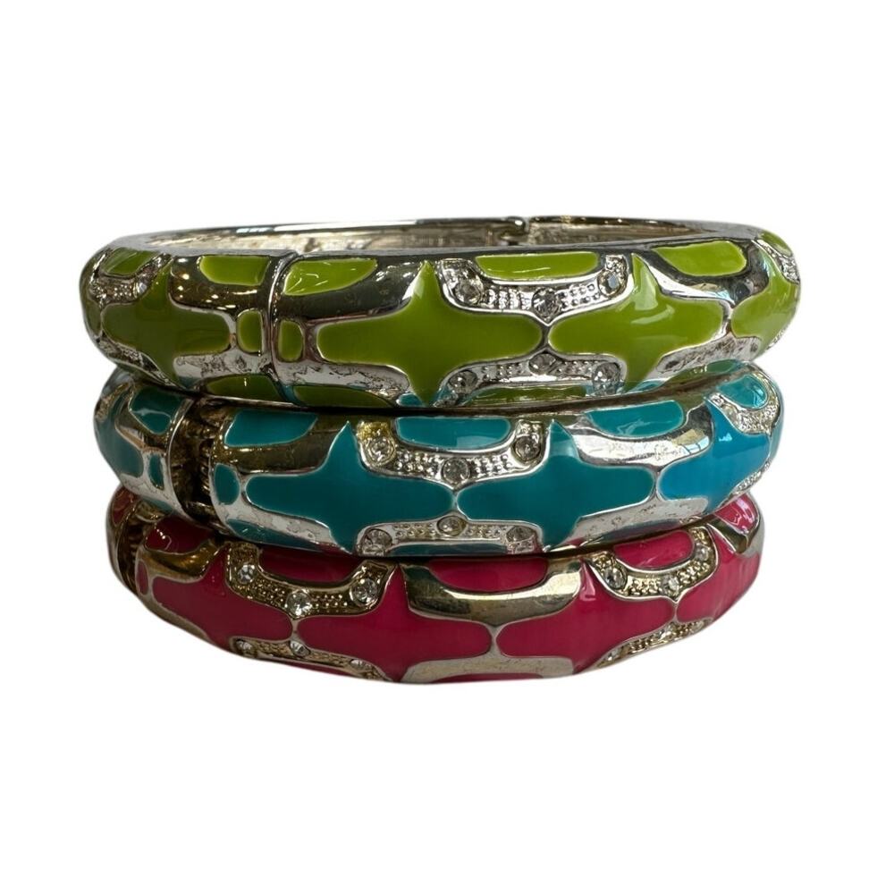 VTG Hinged Enamel Bracelets Set Lime Green Turquoise Hot Pink Silver Gold Swirl